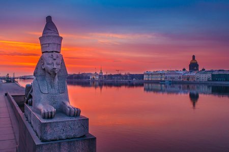 St. Petersburg Vasilievsky Island. Sphinx on the embankment of the Neva River. Panorama of Petersburg. Peter. White nights in Petersburg. Russian Federation. Sphinxes in Saint-Petersburgのeditorial素材