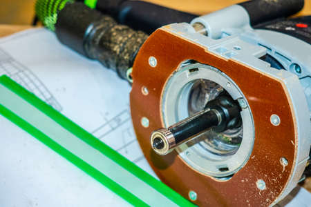 Milling machine close up. Milling tool. Industrial cutting. Material profiling. Surface treatment in production.の写真素材