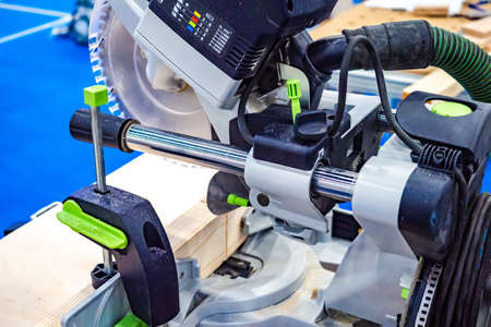 Woodworking circular machine. Equipment for cutting wood. Cutting and edging wood in production. Woodworking industry.の写真素材
