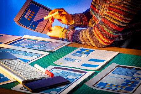Graphic designer develops an application style for mobile devices. Graphic designer jobs. Creating...
