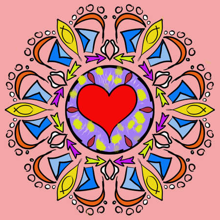 round collage pattern with hearts. Youth sticker. Red heart in the center. Correspondence in social networks. Pop art heart seamless pattern. Envelope with a letter. Circle arrowsの写真素材