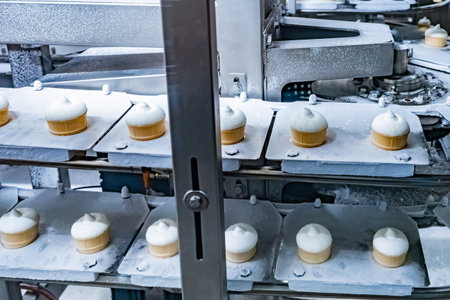 Ice cream making. Shop freezing. Conveyor in the refrigerator. Food industry. Ice cream production...