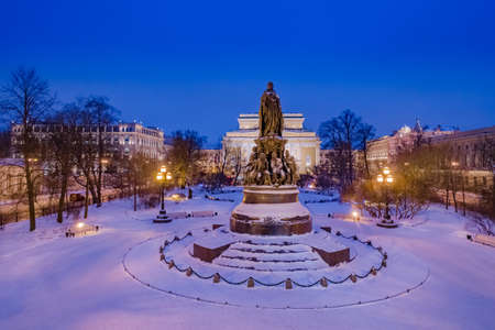 Saint Petersburg. Russia. Catherine 2. Tsarist Russia. Panorama of winter St. Petersburg. Cities of Russia in the winter. Sights of St. Petersburg. Monument. Night city. Russian Federationの写真素材