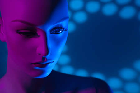 Plastic face. Mannequin woman. A woman is a robot. Artificial Intelligence. Female prototype robot.の写真素材