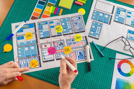Ux ui design. Graphic designer draws a rough sketch projected mobile application. Web prototyping....