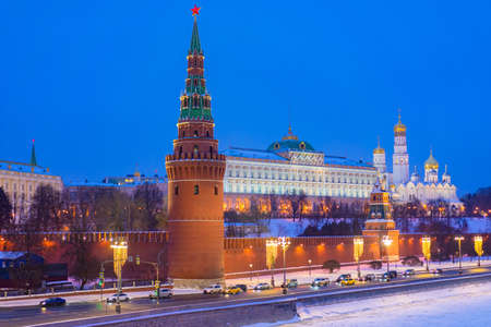 Russia. Moscow. The night Kremlin. Cathedral of Christ the Savior. Presidential residence in Moscow. Highway near the Kremlin. Center of Moscow in the snow. The walls of the Kremlin. Tourism in Russiaの写真素材