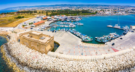 Cyprus. Pathos. The Paphos castl panoramic view from the sea. The medieval port castle in the harbor. The museums of Cyprus. Mediterranean coast. Tourist landmarks Paphos. Travel to Cyprus.のeditorial素材