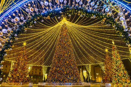 Moscow. Russia. Christmas tree in city center. Christmas decoration in Moscow. Christmas Holidays. Traveling around Moscow. New Year's illumination on the street. Traveling in Russia. Cities Russiaの写真素材