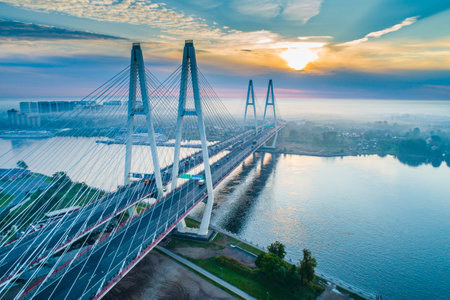 Saint Petersburg. Russia. Night panorama to the cable-stayed bridge in St. Petersburg. Obukhov Bridge.のeditorial素材