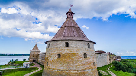 Shlisselburg. Russia. Fortress Oreshek. View from the front on the highest tower of the fortress Oreshek. Old Russian fortress. Neva River. Ladoga lake. Sights of Shlisselburg.のeditorial素材