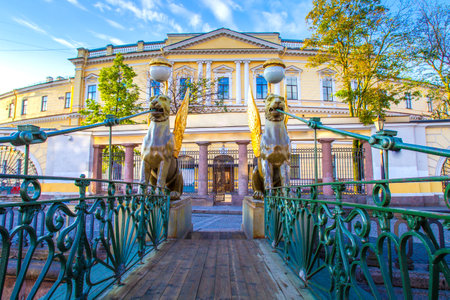 St. Petersburg. Russia. Bank Bridge over the Griboedov Canal. Bridge with griffins. Griffins of St. Petersburg. Suspension bridge with griffins. Winged lions. Excursions in St. Petersburg.のeditorial素材