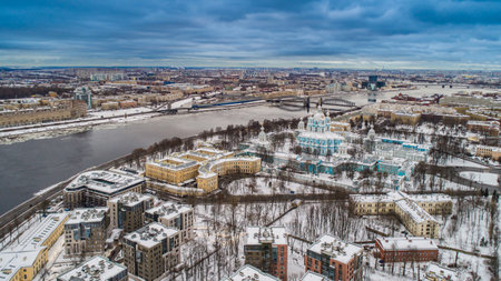 Saint-Petersburg, Russia. Winter. Panorama of the city from a height. Petersburg from a height. Smolny Cathedral. Neva River. Petersburg in the winter.のeditorial素材