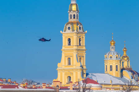 The helicopter is flying over St. Petersburg. Peter-Pavel's Fortress. Museums of Petersburg. Russian Federation.の写真素材