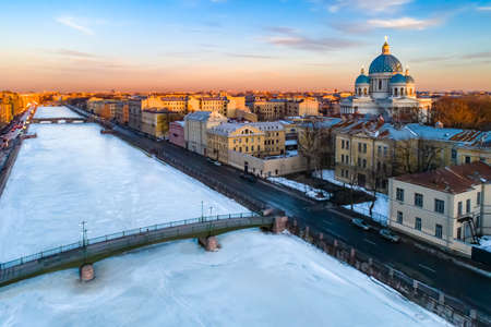 Saint Petersburg. Russia. Panorama of St. Petersburg aerial view. Trinity Izmailovsky Cathedral. Red Army Bridge. Neva. Bridges and canals of St. Petersburg. Russia winter. Guide to Russia.の写真素材