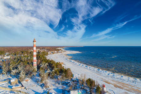 Saint-Petersburg. Russia. Lighthouse on lake Ladoga. Osinovetsky lighthouse the view from the drone. Old lighthouse on the Ladoga coast. Landscapes of Ladoga. Leningrad region. Travel to Russia.の写真素材