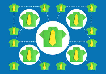 Scheme of interaction of employees of the company. Line employees and managers. Origami office suits symbolize the company employees. Interaction and subordination of men.の写真素材