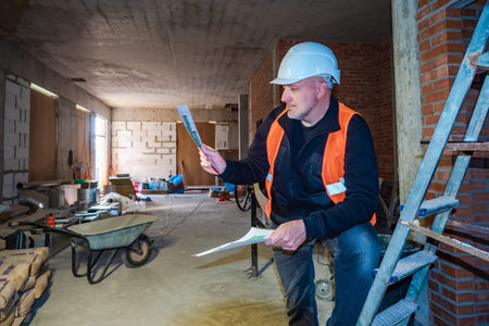 The Builder considers drawings of the interior of the building under construction. A man in a hard...