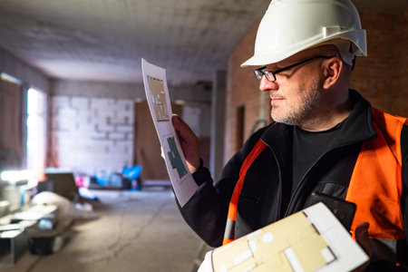 Study of construction documentation. The construction foreman examines the drawings of the future...