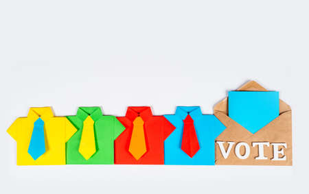 The concept of voting for a candidate. Election of the President and the Government. Voting for candidates for deputies. Choosing the best businessman. Voting concept on a white with space for text.の写真素材