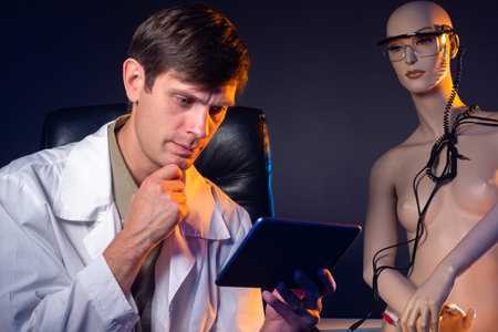 Development of artificial intelligence. Engineer with a tablet on the background of a smart robot. A...