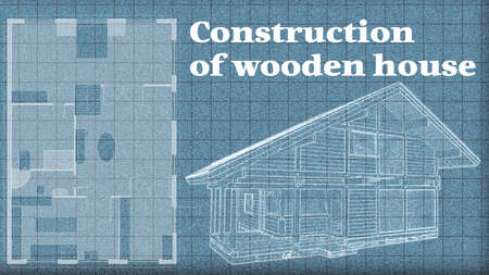 Construction of wooden houses. Drawing and plan of a wooden house on a speckled gray background. Advertising for a construction company. Project of a new house.の写真素材