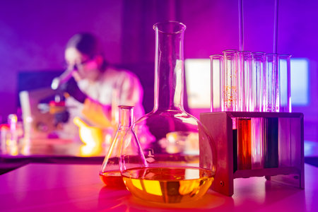 Work of the chemical laboratory. Flasks and test tubes with chemical liquids on the background of...