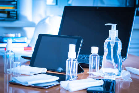 Treatment of equipment with disinfectants. Elimination of microbes in the workplace and equipment. Use of sanitizers. Antiseptics.の写真素材