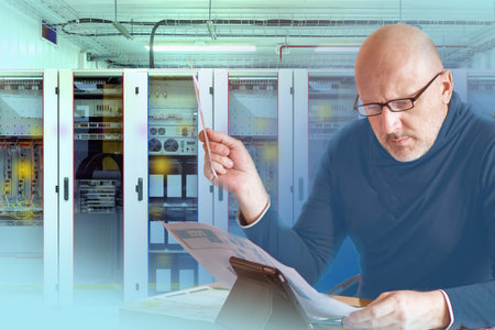 Engineer on the background of the switchboard. A man studies the circuit of the switchboard. The...