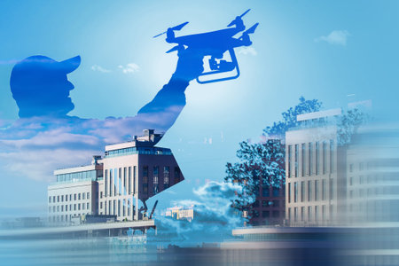 Launching a drone against the city background. Hobby. Concept of launching a quadrocopter. A man...