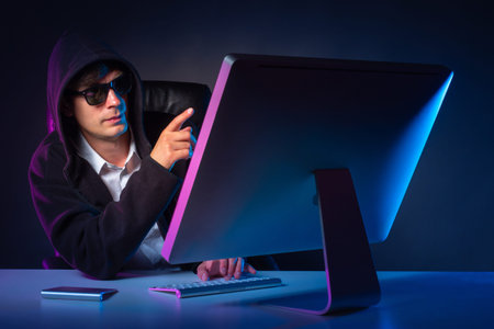 Computer security. Security rules when using the Internet. A man in black clothes and glasses looks...