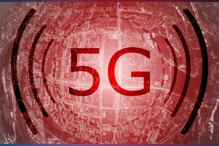 Creative red background with 5G logo. Modern data transfer technologies. High speed Internet. 5G...