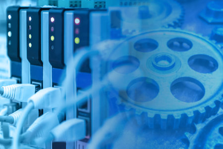 Blue technical background. Gears and wire connections on a blue background. Connecting equipment. Uninterrupted power supply.の写真素材