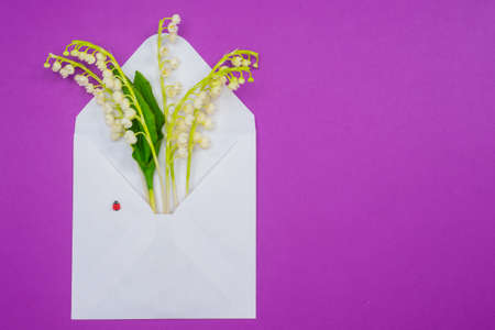 Lilies of the valley in an envelope. Delicate lilies of the valley on a lilac background. Spring flowers. A romantic message. Place for text. A letter of love. Tenderness.の写真素材