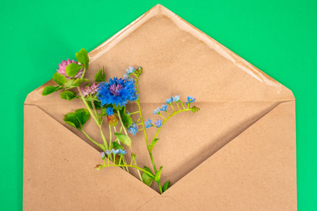 Wild flowers in a craft envelope. Forget-me-not, clover and cornflower. Impression of a holiday in...