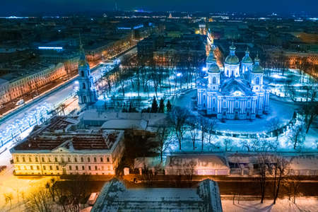 Panorama of St. Petersburg from a height. Cathedrals Of St. Petersburg. View of the evening city with a quadcopter. St. Nicholas naval Cathedral. Travel to Russia in winter. Sights Of Russia.の写真素材