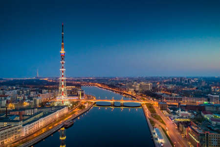 Saint-Petersburg. Russia. Night panorama of St. Petersburg. view of the St. Petersburg TV tower. Kantemirovsky Bridge. Lighted at night Petersburg streets. Petersburg bridges across the Neva.の写真素材