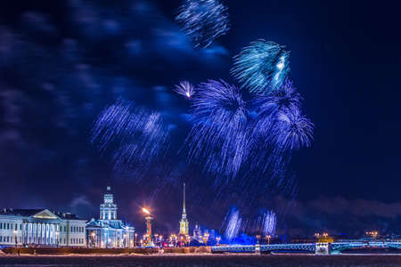 Saint Petersburg. Russia. Firework in St. Petersburg panorama. Fireworks over the Petroapavlovsk fortress. Salute in honor of the liberation of the Leningrad from the Nazi blockade. Russian history.の写真素材