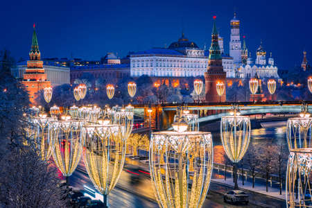 Christmas in Moscow. Festive winter evening in the capital of Russia. Top view of Moscow with festive decorations. The center of Moscow with new year illumination. New year in the Russian Federationの写真素材
