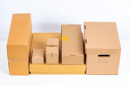 Cardboard box mockup set. Realistic illustration of cardboard box mockups for web. Brown delivery...