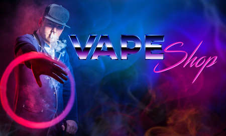 Sale of electronic cigarettes. The inscription VAPE shop and Smoking man in a baseball cap. A person lets out smoke from an e-cigarette and demonstrates a circle of smoke. Benefits and harms of vapingの写真素材