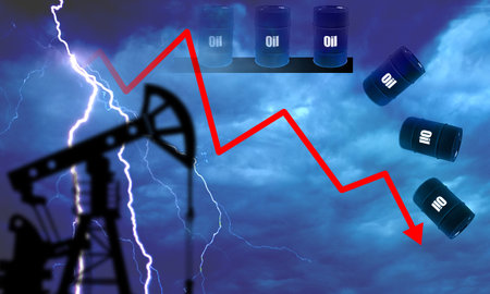 Crisis in the oil market. Falling down barrels of Oil on the background of a thunderstorm. Problems in the global energy market. The crisis of the global fuel market.の写真素材
