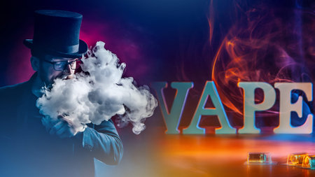 A man in a top hat on a background of white three-dimensional letters VAPE. A VAPE smoker in an...