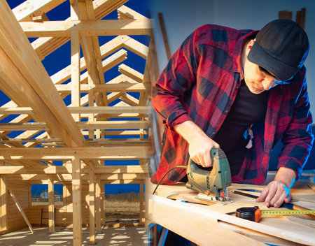 Carpentry work in construction. Woodworking on a construction site. A man cuts wood with an electric...