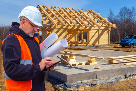 Suburban construction. A Builder in a white helmet on the background of a cottage under...