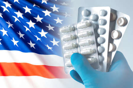 Medicines from America. Us pharmacology. American developments in the field of pharmaceuticals. Medicines from the USA.の写真素材