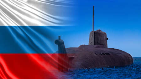 Fleet of Russia. Naval forces of the Russian Federation. Submarine on the background of the Russian flag. Equipment of the Russian army.の写真素材