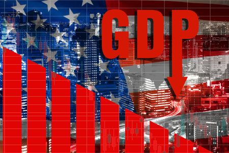 America's GDP is falling. Red GDP label with a declining trend against the background of the city...