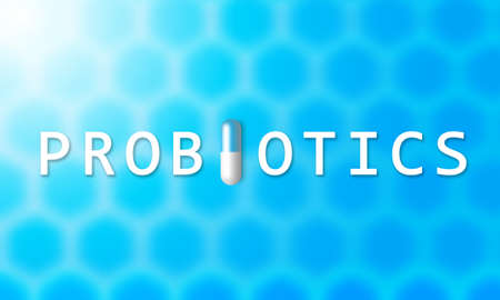 The concept of probiotics on a blue background. Word probiotics with a pill in the middle. Medical products with probiotics. Care of health.の写真素材