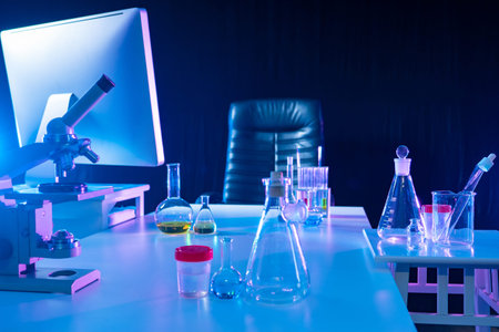 Table in the chemical laboratory. Desktop of a chemical scientist. Chemical experiments are conducted at the table. Computer, microscope, and chemical utensils.の写真素材