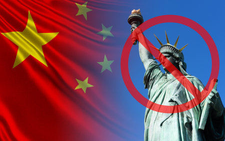 Restrictions. Termination of relations between the US and China. Statue of Liberty in a forbidding...